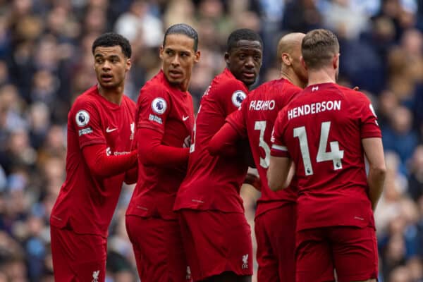 MANCHESTER, ENGLAND - Saturday, April 1, 2023: Liverpool's (L-R) Cody Gakpo, Virgil van Dijk and Ibrahima Konaté form a defensive wall during the FA Premier League match between Manchester City FC and Liverpool FC at the City of Manchester Stadium. Man City won 4-1. (Pic by David Rawcliffe/Propaganda)