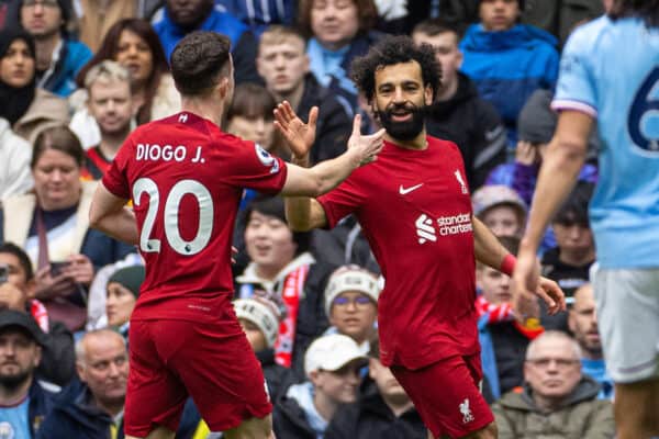 MANCHESTER, ENGLAND - Saturday, April 1, 2023: Liverpool's Mohamed Salah (R) celebrates with team-mate Diogo Jota (L) after scoring the opening goal during the FA Premier League match between Manchester City FC and Liverpool FC at the City of Manchester Stadium. Man City won 4-1. (Pic by David Rawcliffe/Propaganda)