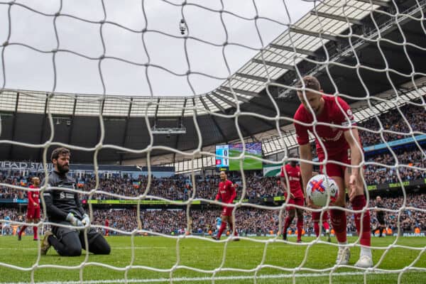 MANCHESTER, ENGLAND - Saturday, April 1, 2023: Liverpool's goalkeeper Alisson Becker and captain Jordan Henderson look dejected as Manchester City score the equalising goal during the FA Premier League match between Manchester City FC and Liverpool FC at the City of Manchester Stadium. Man City won 4-1. (Pic by David Rawcliffe/Propaganda)