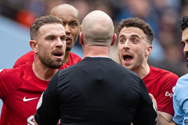 MANCHESTER, ENGLAND - Saturday, April 1, 2023: Liverpool's captain Jordan Henderson (L) and Diogo Jota react as referee Simon Hooper refuses to issue a yellow card for a blatant foul during the FA Premier League match between Manchester City FC and Liverpool FC at the City of Manchester Stadium. Man City won 4-1. (Pic by David Rawcliffe/Propaganda)