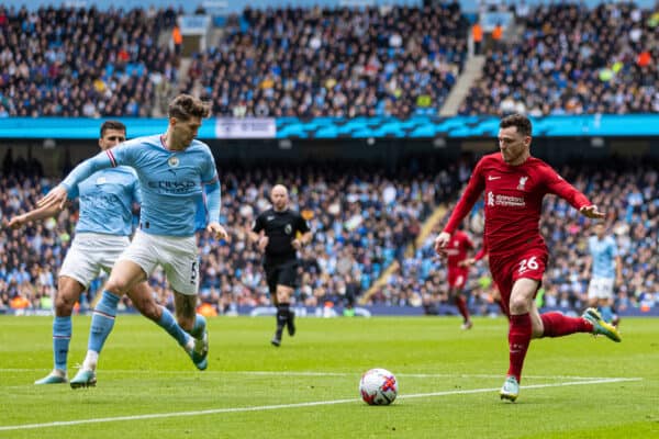 MANCHESTER, ENGLAND - Saturday, April 1, 2023: Liverpool's Andy Robertson during the FA Premier League match between Manchester City FC and Liverpool FC at the City of Manchester Stadium. Man City won 4-1. (Pic by David Rawcliffe/Propaganda)