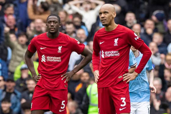 MANCHESTER, ENGLAND - Saturday, April 1, 2023: Liverpool's Ibrahima Konaté (L) and Fabio Henrique Tavares 'Fabinho' look dejected as Manchester City score the second goal during the FA Premier League match between Manchester City FC and Liverpool FC at the City of Manchester Stadium. Man City won 4-1. (Pic by David Rawcliffe/Propaganda)