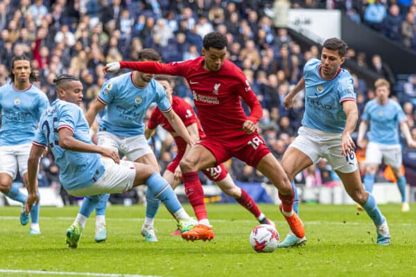 MANCHESTER, ENGLAND - Saturday, April 1, 2023: Liverpool's Cody Gakpo (C) is surrounded by Manchester City players during the FA Premier League match between Manchester City FC and Liverpool FC at the City of Manchester Stadium. Man City won 4-1. (Pic by David Rawcliffe/Propaganda)