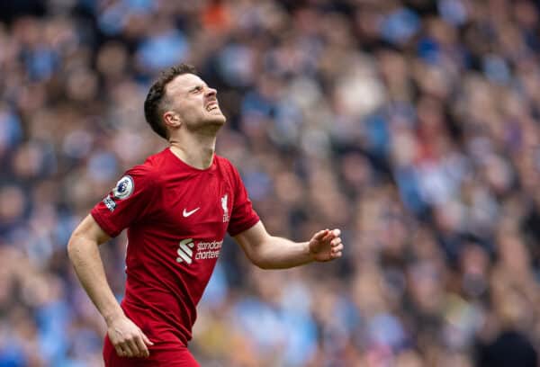 MANCHESTER, ENGLAND - Saturday, April 1, 2023: Liverpool's Diogo Jota reacts to an injury during the FA Premier League match between Manchester City FC and Liverpool FC at the City of Manchester Stadium. Man City won 4-1. (Pic by David Rawcliffe/Propaganda)
