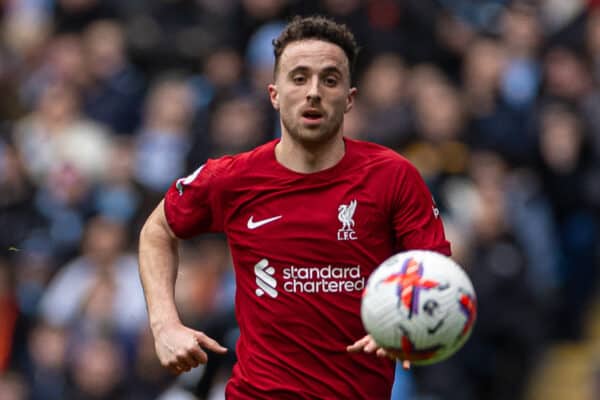 MANCHESTER, ENGLAND - Saturday, April 1, 2023: Liverpool's Diogo Jota during the FA Premier League match between Manchester City FC and Liverpool FC at the City of Manchester Stadium. Man City won 4-1. (Pic by David Rawcliffe/Propaganda)