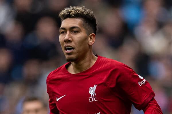 MANCHESTER, ENGLAND - Saturday, April 1, 2023: Liverpool's Roberto Firmino during the FA Premier League match between Manchester City FC and Liverpool FC at the City of Manchester Stadium. Man City won 4-1. (Pic by David Rawcliffe/Propaganda)