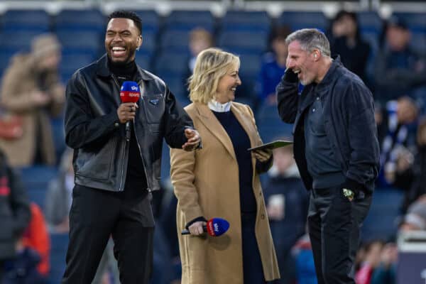 LONDON, ENGLAND - Tuesday, April 4, 2023: Former Liverpool players Daniel Sturridge (L) and Jamie Carragher (R) with Sky Sports presenter Kelly Dalglish during the FA Premier League match between Chelsea FC and Liverpool FC at Stamford Bridge. (Pic by David Rawcliffe/Propaganda)