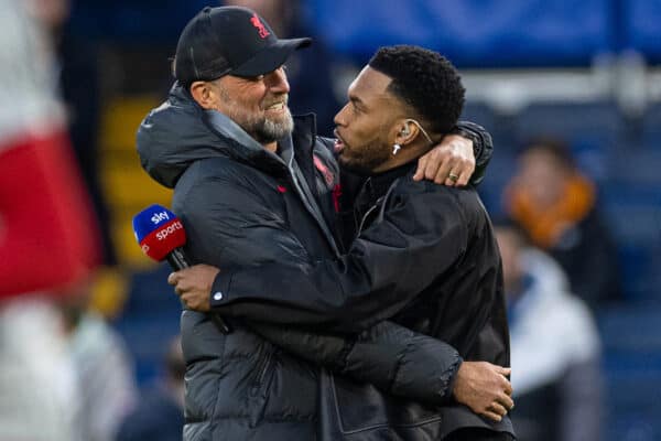 LONDON, ENGLAND - Tuesday, April 4, 2023: Liverpool's manager Jürgen Klopp and former player Daniel Sturridge embrace before the FA Premier League match between Chelsea FC and Liverpool FC at Stamford Bridge. (Pic by David Rawcliffe/Propaganda)