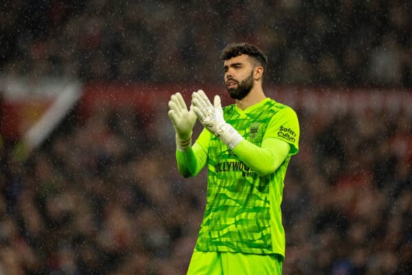 MANCHESTER, ENGLAND - Wednesday, April 5, 2023: Brentford's goalkeeper David Raya during the FA Premier League match between Manchester United FC and Brentford FC at Old Trafford. Man Utd won 1-0. (Pic by David Rawcliffe/Propaganda)