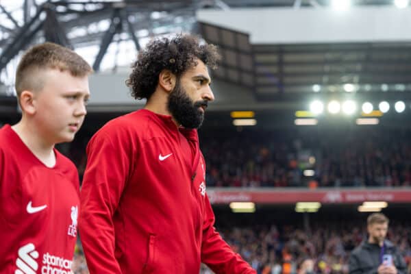 Liverpool players walk out before match Anfield Mohamed Salah (Pic by David Rawcliffe/Propaganda)