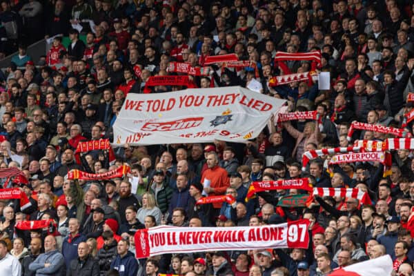 LIVERPOOL, ENGLAND - Sunday, April 9, 2023: Liverpool supporters' banner "We told you they lied", referring to the lies printed by The Sun newspaper after the Hillsborough Stadium Disaster, before the FA Premier League match between Liverpool FC and Arsenal FC at Anfield. The game ended in a 2-2 draw. (Pic by David Rawcliffe/Propaganda)