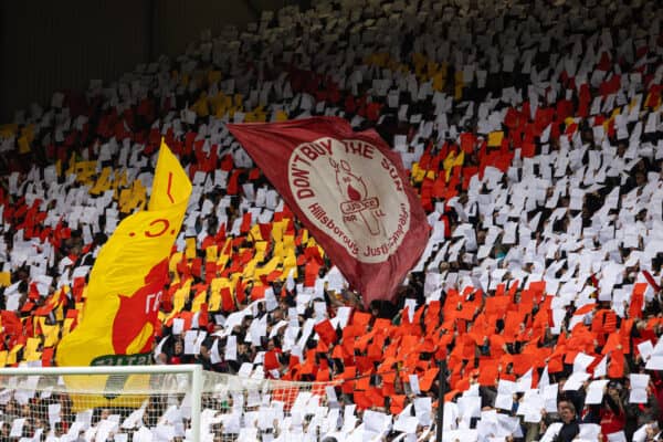 LIVERPOOL, ENGLAND - Sunday, April 9, 2023: Liverpool supporters' mosaic tribute to the 97 victims of the Hillsborough Stadium Disaster, as the 34th anniversary approaches of the tragedy that occurred on 15th April 1989, during the FA Premier League match between Liverpool FC and Arsenal FC at Anfield. The game ended in a 2-2 draw. (Pic by David Rawcliffe/Propaganda)