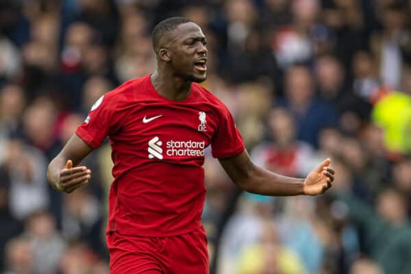 LIVERPOOL, ENGLAND - Sunday, April 9, 2023: Liverpool's Ibrahima Konaté celebrates his side's first goal during the FA Premier League match between Liverpool FC and Arsenal FC at Anfield. The game ended in a 2-2 draw. (Pic by David Rawcliffe/Propaganda)