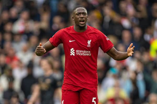 LIVERPOOL, ENGLAND - Sunday, April 9, 2023: Liverpool's Ibrahima Konaté celebrates his side's first goal during the FA Premier League match between Liverpool FC and Arsenal FC at Anfield. The game ended in a 2-2 draw. (Pic by David Rawcliffe/Propaganda)