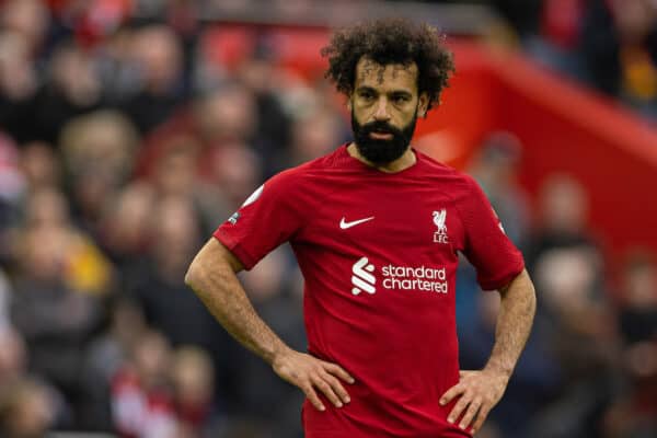 LIVERPOOL, ENGLAND - Sunday, April 9, 2023: Liverpool's Mohamed Salah during the FA Premier League match between Liverpool FC and Arsenal FC at Anfield. The game ended in a 2-2 draw. (Pic by David Rawcliffe/Propaganda)