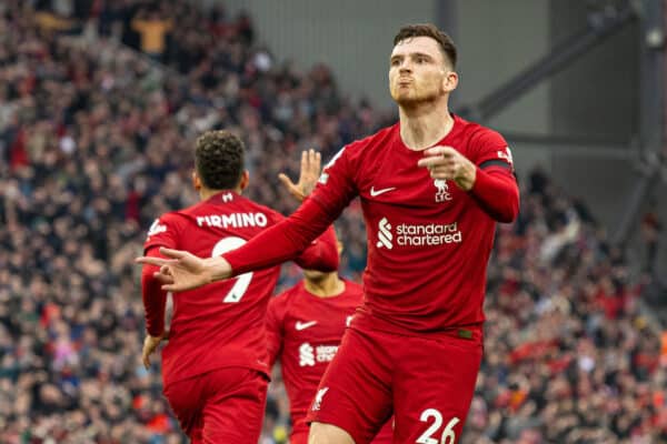 LIVERPOOL, ENGLAND - Sunday, April 9, 2023: Liverpool's Andy Robertson celebrates his side's equalising goal during the FA Premier League match between Liverpool FC and Arsenal FC at Anfield. The game ended in a 2-2 draw. (Pic by David Rawcliffe/Propaganda)