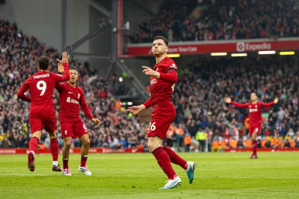 LIVERPOOL, ENGLAND - Sunday, April 9, 2023: Liverpool's Andy Robertson celebrates his side's equalising goal during the FA Premier League match between Liverpool FC and Arsenal FC at Anfield. The game ended in a 2-2 draw. (Pic by David Rawcliffe/Propaganda)