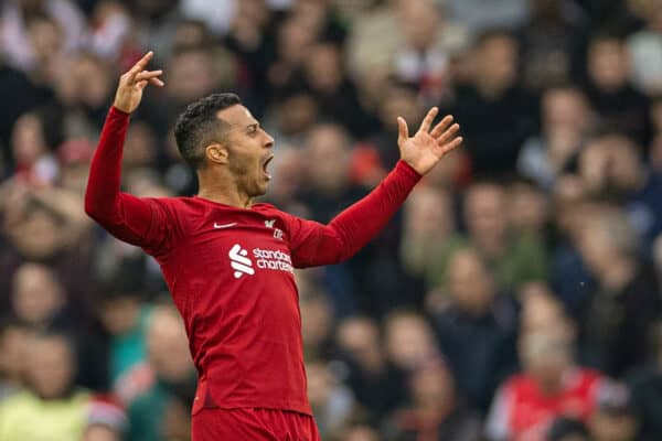 LIVERPOOL, ENGLAND - Sunday, April 9, 2023: Liverpool's Thiago Alcântara celebrates his side's equalising goal during the FA Premier League match between Liverpool FC and Arsenal FC at Anfield. The game ended in a 2-2 draw. (Pic by David Rawcliffe/Propaganda)