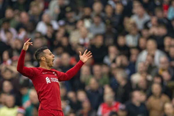 LIVERPOOL, ENGLAND - Sunday, April 9, 2023: Liverpool's Thiago Alcântara celebrates his side's equalising goal during the FA Premier League match between Liverpool FC and Arsenal FC at Anfield. The game ended in a 2-2 draw. (Pic by David Rawcliffe/Propaganda)