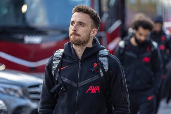 LEEDS, ENGLAND - Monday, April 17, 2023: Liverpool's Diogo Jota arrives before the FA Premier League match between Leeds United FC and Liverpool FC at Elland Road. (Pic by David Rawcliffe/Propaganda)