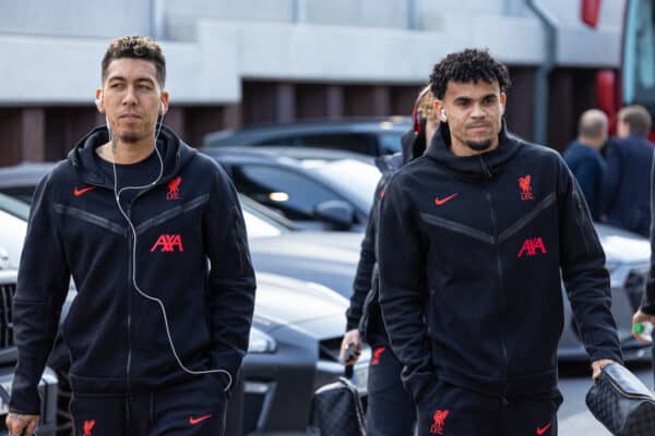 LEEDS, ENGLAND - Monday, April 17, 2023: Liverpool's Trent Roberto Firmino (L) and Luis Díaz arrive before the FA Premier League match between Leeds United FC and Liverpool FC at Elland Road. (Pic by David Rawcliffe/Propaganda)