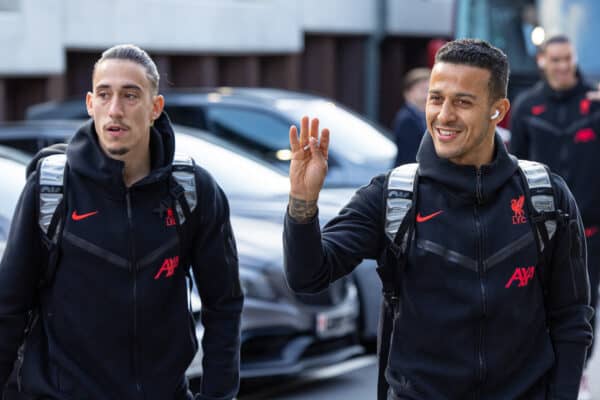 LEEDS, ENGLAND - Monday, April 17, 2023: Liverpool's Kostas Tsimikas (L) and Thiago Alcântara (R) arrive before the FA Premier League match between Leeds United FC and Liverpool FC at Elland Road. (Pic by David Rawcliffe/Propaganda)