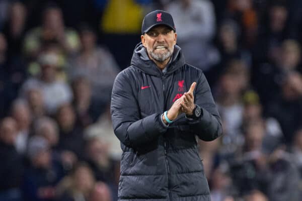 LEEDS, ENGLAND - Monday, April 17, 2023: Liverpool's manager Jürgen Klopp reacts during the FA Premier League match between Leeds United FC and Liverpool FC at Elland Road. (Pic by David Rawcliffe/Propaganda)