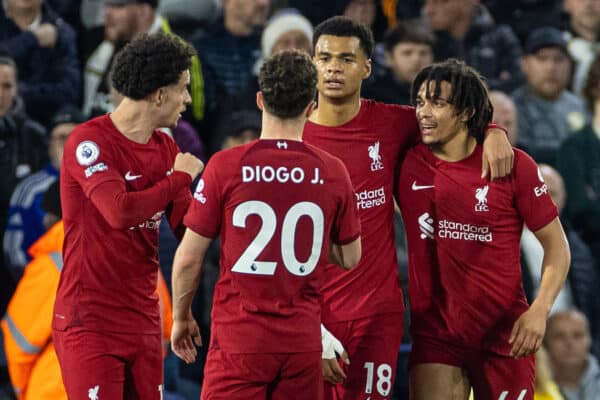 LEEDS, ENGLAND - Monday, April 17, 2023: Liverpool's Cody Gakpo (2nd from R) celebrates with team-mate Trent Alexander-Arnold (R) after scoring the opening goal during the FA Premier League match between Leeds United FC and Liverpool FC at Elland Road. (Pic by David Rawcliffe/Propaganda)