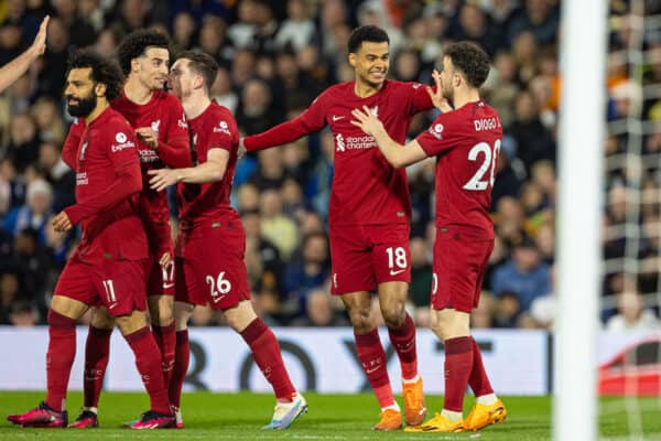 LEEDS, ENGLAND - Monday, April 17, 2023: Liverpool's Diogo Jota (R) celebrates with team-mate Cody Gakpo (C) after scoring the third goal during the FA Premier League match between Leeds United FC and Liverpool FC at Elland Road. (Pic by David Rawcliffe/Propaganda)