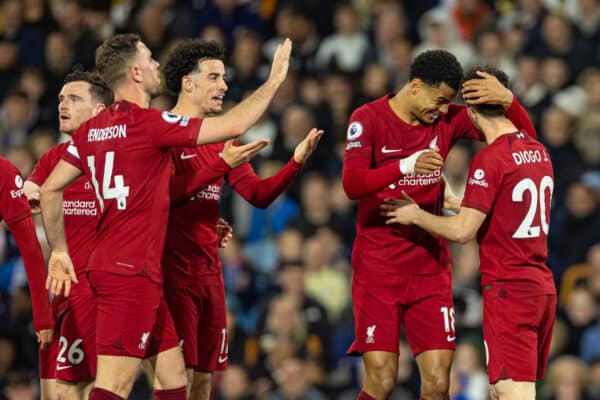 LEEDS, ENGLAND - Monday, April 17, 2023: Liverpool's Diogo Jota (R) celebrates with team-mate Cody Gakpo (C) after scoring the third goal during the FA Premier League match between Leeds United FC and Liverpool FC at Elland Road. (Pic by David Rawcliffe/Propaganda)