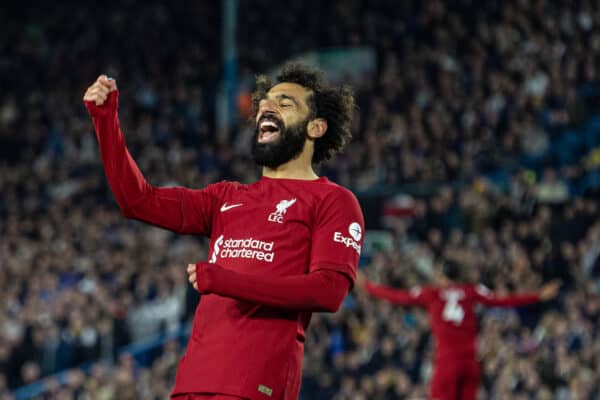 LEEDS, ENGLAND - Monday, April 17, 2023: Liverpool's Mohamed Salah celebrates after scoring the fourth goal during the FA Premier League match between Leeds United FC and Liverpool FC at Elland Road. (Pic by David Rawcliffe/Propaganda)