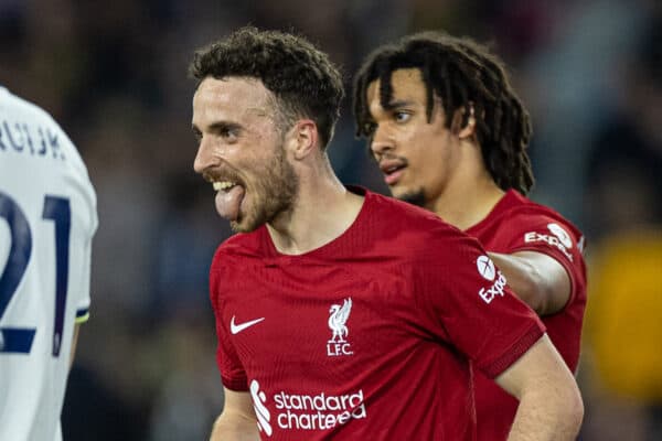 LEEDS, ENGLAND - Monday, April 17, 2023: Liverpool's Diogo Jota (L) celebrates with team-mates after scoring the fifth goal during the FA Premier League match between Leeds United FC and Liverpool FC at Elland Road. (Pic by David Rawcliffe/Propaganda)