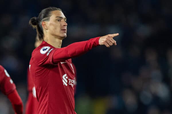 LEEDS, ENGLAND - Monday, April 17, 2023: Liverpool's Darwin Núñez celebrates after scoring the sixth goal during the FA Premier League match between Leeds United FC and Liverpool FC at Elland Road. (Pic by David Rawcliffe/Propaganda)