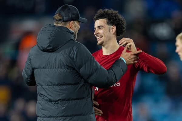 LEEDS, ENGLAND - Monday, April 17, 2023: Liverpool's Curtis Jones (R) celebrates with manager Jürgen Klopp after the FA Premier League match between Leeds United FC and Liverpool FC at Elland Road. (Pic by David Rawcliffe/Propaganda)