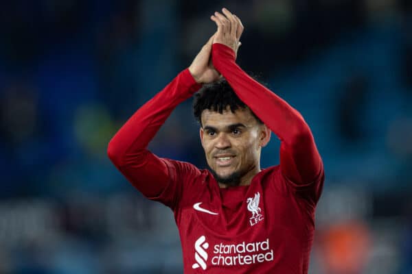 LEEDS, ENGLAND - Monday, April 17, 2023: Liverpool's Luis Díaz celebrates after the FA Premier League match between Leeds United FC and Liverpool FC at Elland Road. Liverpool won 6-1. (Pic by David Rawcliffe/Propaganda)