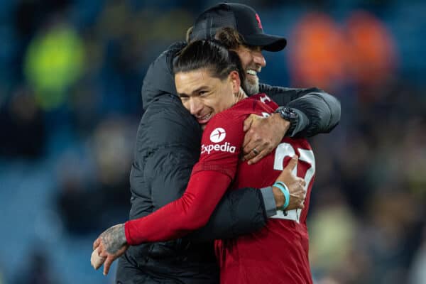 LEEDS, ENGLAND - Monday, April 17, 2023: Liverpool's manager Jürgen Klopp (L) celebrates with Darwin Núñez after the FA Premier League match between Leeds United FC and Liverpool FC at Elland Road. Liverpool won 6-1. (Pic by David Rawcliffe/Propaganda)