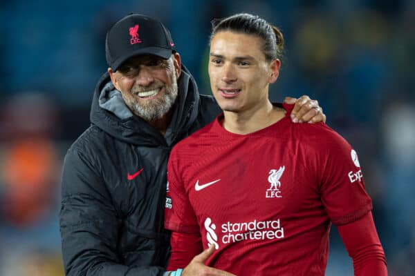 LEEDS, ENGLAND - Monday, April 17, 2023: Liverpool's manager Jürgen Klopp (L) celebrates with goal-scorer Darwin Núñez after the FA Premier League match between Leeds United FC and Liverpool FC at Elland Road. Liverpool won 6-1. (Pic by David Rawcliffe/Propaganda)