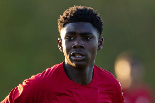 DERBY, ENGLAND - Tuesday, April 18, 2023: Liverpool's Elijah Gift during the Under-18 Premier League match between Derby County FC Under-18's and Liverpool FC Under-18's at Moor Farm Training Centre. Derby won 5-2. (Pic by David Rawcliffe/Propaganda)