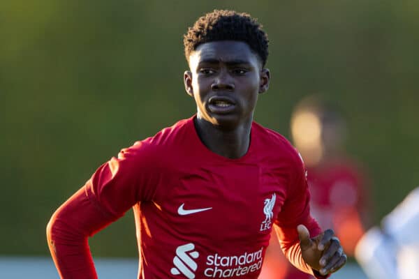 DERBY, ENGLAND - Tuesday, April 18, 2023: Liverpool's Elijah Gift during the Under-18 Premier League match between Derby County FC Under-18's and Liverpool FC Under-18's at Moor Farm Training Centre. Derby won 5-2. (Pic by David Rawcliffe/Propaganda)
