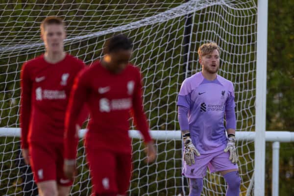 DERBY, ENGLAND - Tuesday, April 18, 2023: Liverpool's goalkeeper Luke Lewiston looks dejected as Derby County score a second goal during the Under-18 Premier League match between Derby County FC Under-18's and Liverpool FC Under-18's at Moor Farm Training Centre. Derby won 5-2. (Pic by David Rawcliffe/Propaganda)