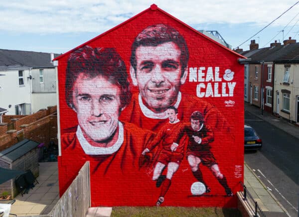 LIVERPOOL, ENGLAND - Thursday, April 20, 2023: A new street art mural featuring Liverpool FC legends Phil Neal and Ian Callaghan. Phil Neal won seven League titles, four League Cups, four European Cups and a UEFA Cup whilst also earning 50 caps for England. Ian Callaghan MBE is the all time record appearance holder for Liverpool, playing 857 times between 1960 and 1978. He won five League titles, and twice the FA Cup, European Cup and UEFA Cup. (Pic by David Rawcliffe/Propaganda)