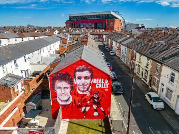 LIVERPOOL, ENGLAND - Thursday, April 20, 2023: A new street art mural featuring Liverpool FC legends Phil Neal and Ian Callaghan. Phil Neal won seven League titles, four League Cups, four European Cups and a UEFA Cup whilst also earning 50 caps for England. Ian Callaghan MBE is the all time record appearance holder for Liverpool, playing 857 times between 1960 and 1978. He won five League titles, and twice the FA Cup, European Cup and UEFA Cup. (Pic by David Rawcliffe/Propaganda)