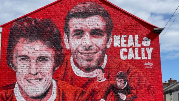 LIVERPOOL, ENGLAND - Thursday, April 20, 2023: A new street art mural featuring Liverpool FC legends Phil Neal and Ian Callaghan. Phil Neal won seven League titles, four League Cups, four European Cups and a UEFA Cup whilst also earning 50 caps for England. Ian Callaghan MBE is the all time record appearance holder for Liverpool, playing 857 times between 1960 and 1978. He won five League titles, and twice the FA Cup, European Cup and UEFA Cup. (Pic by David Rawcliffe/Propaganda)