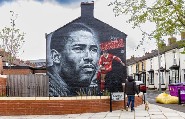 LIVERPOOL, ENGLAND - Friday, April 21, 2023: A street art mural featuring former Liverpool FC and England international John Barnes MBE. Barnes won two League titles and two FA Cups with Liverpool and was capped 79 times by England. (Pic by David Rawcliffe/Propaganda)