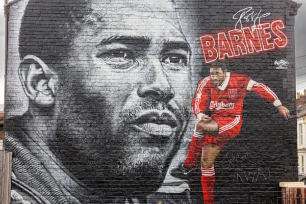 LIVERPOOL, ENGLAND - Friday, April 21, 2023: A street art mural featuring former Liverpool FC and England international John Barnes MBE. Barnes won two League titles and two FA Cups with Liverpool and was capped 79 times by England. (Pic by David Rawcliffe/Propaganda)