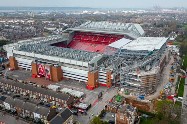 LIVERPOOL, ENGLAND - Saturday, April 22, 2023: An aerial view of Anfield, showing the construction of a new upper tier to the Anfield Road stand, seen before the FA Premier League match between Liverpool FC and Nottingham Forest FC at Anfield. (Pic by David Rawcliffe/Propaganda)