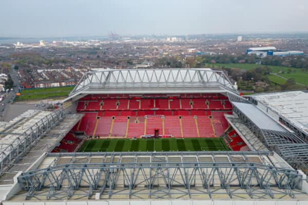 LIVERPOOL, ENGLAND - Saturday, April 22, 2023: An aerial view of Anfield, showing the construction of a new upper tier to the Anfield Road stand, seen before the FA Premier League match between Liverpool FC and Nottingham Forest FC at Anfield. (Pic by David Rawcliffe/Propaganda)