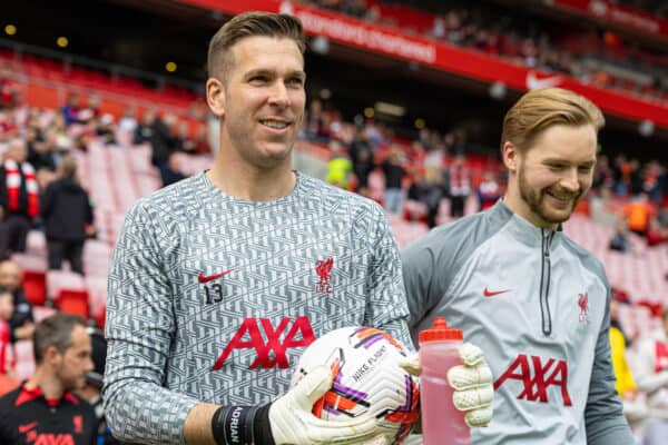 LIVERPOOL, ENGLAND - Saturday, April 22, 2023: Liverpool's goalkeeper Adrián San Miguel del Castillo (L) and goalkeeper Caoimhin Kelleher (R) during the FA Premier League match between Liverpool FC and Nottingham Forest FC at Anfield. (Pic by David Rawcliffe/Propaganda)