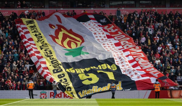 LIVERPOOL, ENGLAND - Saturday, April 22, 2023: A giant Liverpool supporters' banner of the Hillsborough memorial's eternal flame during the FA Premier League match between Liverpool FC and Nottingham Forest FC at Anfield. (Pic by David Rawcliffe/Propaganda)