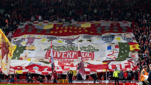 LIVERPOOL, ENGLAND - Saturday, April 22, 2023: A giant Liverpool supporters' banner on the Spion Kop during the FA Premier League match between Liverpool FC and Nottingham Forest FC at Anfield. (Pic by David Rawcliffe/Propaganda)